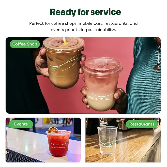 TOSSWARE NATURAL 12oz Arc Green Wave - Plant Based 98mm Clear Cold Cups - Plastic Alternative for Parties, Bachelorettes, Weddings - Recyclable - Set of 50