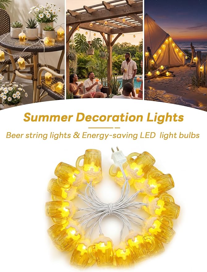 Beer Mug String Lights, 8.5FT 10 LED Summer Lights with UL Certified Plug, Waterproof Tropical Party Decorations for Patio, Warm White Hawaiian String Lights for Garden Backyard Bedroom Bar Decor