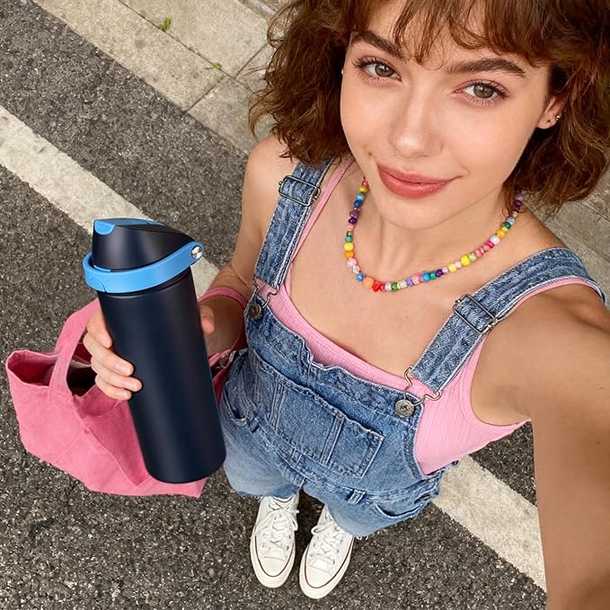 24 oz Stainless Steel Water Bottle with 2-in-1 Quick Flip Straw and Push Button Spout Lid, Fits Car Cupholder, Triple Walled Vacuum Insulated Metal Leakproof, for Gym, Hiking, Trip, Blue