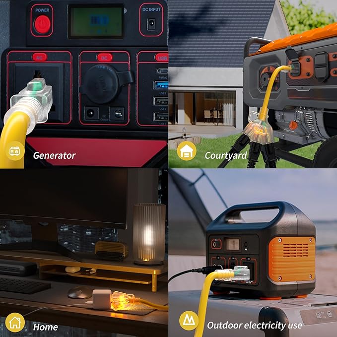 PlugSaf 1 FT 12/3 Gauge Outdoor Extension Cord with Multiple Outlets Light Indicator, Flexible Weatherproof 3 Outlet Heavy Duty Extension Cord Waterproof Yellow, 15A 1875W 12AWG SJTW, ETL Listed