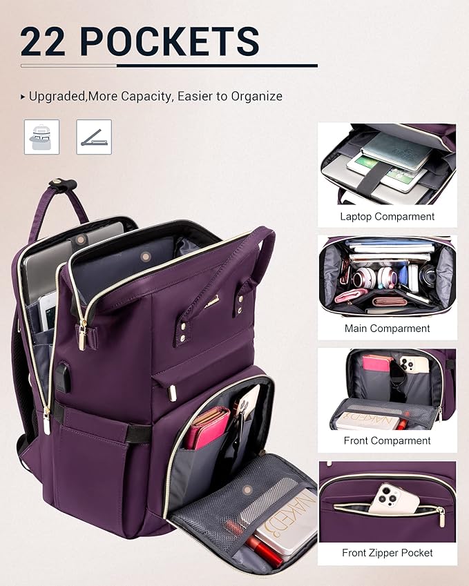 LOVEVOOK 17.3 Inch Laptop Backpack, Large Travel Backpack for Women, Water Resistant Teacher Backpack with Laptop Compartment, Professional Business Work bags with Charger, Dark Purple