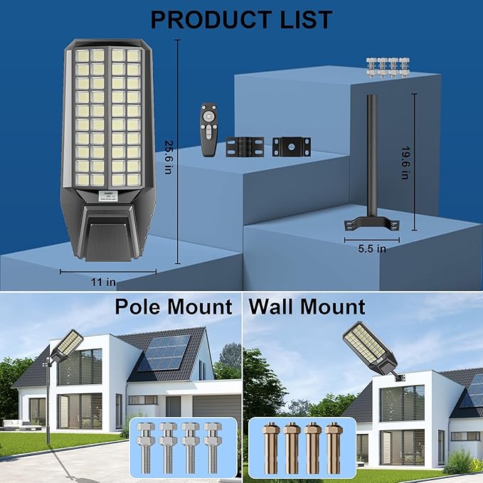 Solar Street Lights Outdoor, Commercial Grade Dusk to Dawn LED Security Flood Light, 300000 Lumens Motion Sensor Area Lighting with Remote for Parking Lot, Yard, IP67 Waterproof, 7000K Daylight 2Pack
