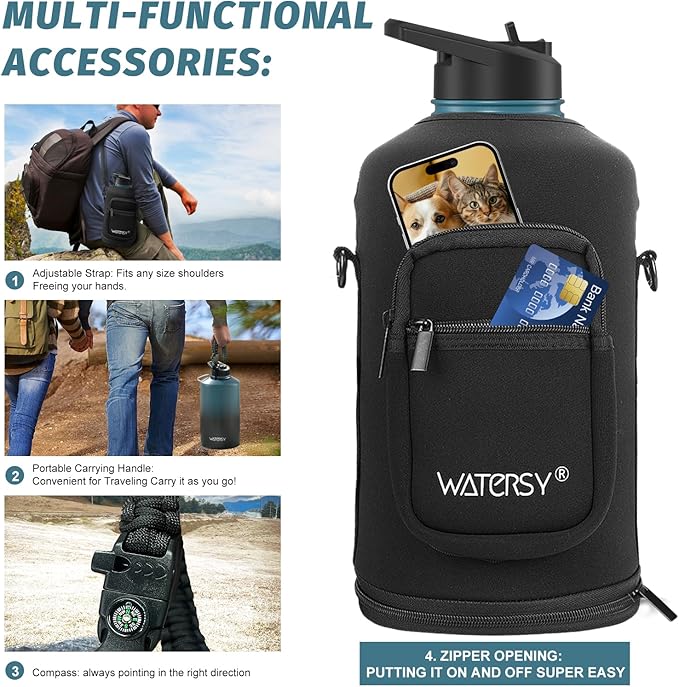 1 Gallon Water Bottle Insulated(Cold for 48 Hrs),BPA Free&Leak Proof,128oz Stainless Steel Water Jug,Large Water Bottle with Straw Spout Lids for Gym,Hiking,Camping&Travel,Black Blue