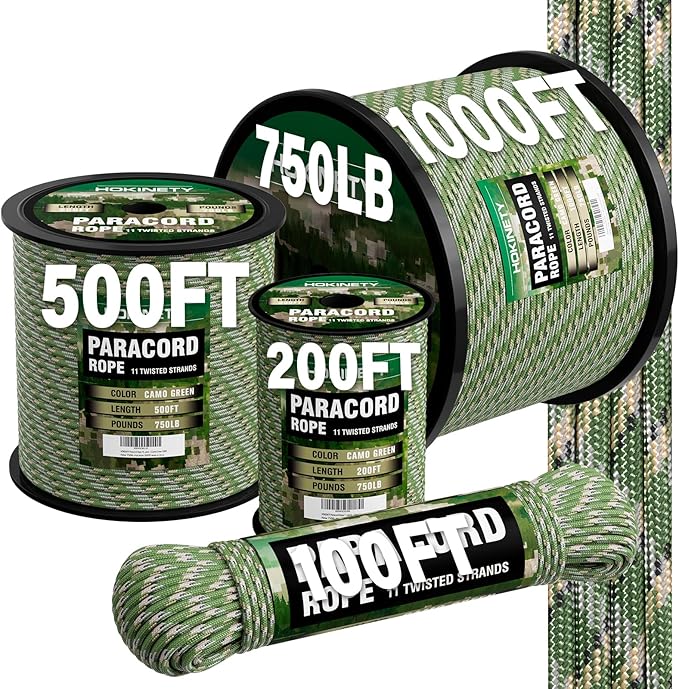 Paracord Rope 750 - Parachute para Cord 4mm 11 Strand Spool Rope Utility Nylon String for Outdoor Camping Survival Utility Tent Crafting DIY Projects - Camo Green 1000ft