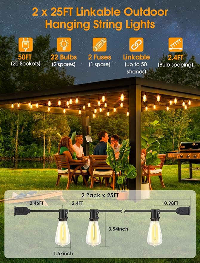 Larkvue 50FT(2x25FT) Outdoor String Lights, Patio Lights with 20+2 LED Dimmable Waterproof ST38 Vintage Bulbs for Backyard Bistro Cafe Deck, Black