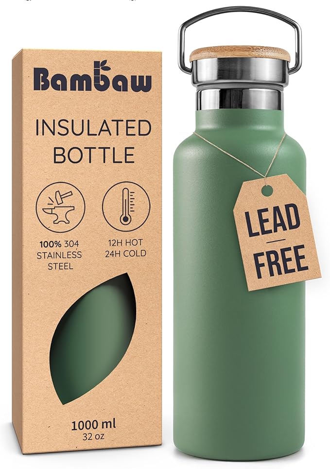 Bambaw 32oz Insulated Water Bottle, Metal Water Bottle Stainless Steel Great for Hiking, Lightweight and Easy to Carry, Durable, Made of High-Grade Stainless Steel (Sage Green)