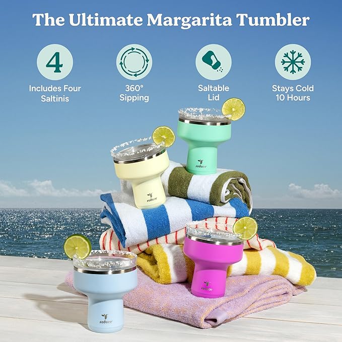 REDUCE Saltini 16oz Cocktail Tumbler - Insulated Margarita Tumbler with Lid-Keeps Drinks Cold for 10 Hours-360 Sippable Martini Glass Alternative-Shatterproof Perfect for Parties - Multicolor - 4 Pack