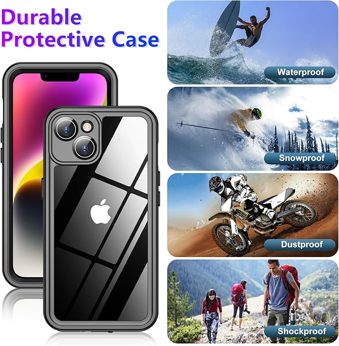 Red2Fire 2024 New for iPhone 14 Case Waterproof,[Built-in Screen Protector & Camera Protector][Full Body Shockproof][IP68 Underwater][Dustproof][Dropproof] Phone Case for iPhone 14 6.1" Black/Clear