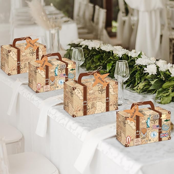 24Pcs Large Suitcase Party Favor Boxes Travel The Map Paper Treat Box with Tags Birthday Supplies Travel Theme Candy Goodie Gift Boxes for Birthday Shower Wedding Vintage Party Table Decoration