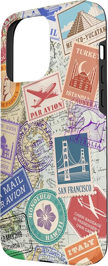 World Map Travel Passport Stamps Postage Stamp Case for iPhone 15 Pro Max