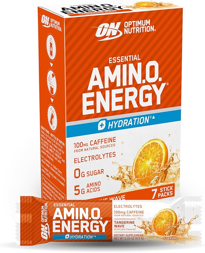 Optimum Nutrition Essential Amino Energy Plus Electrolytes Stick Packs, Energy Powder, Tangerine Wave, 7 Count