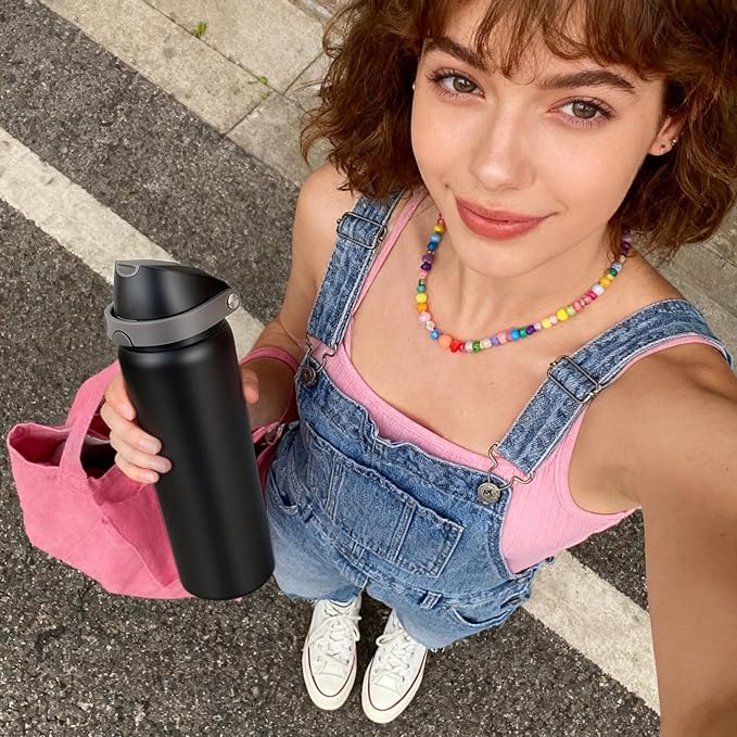 32 oz Insulated Water Bottle for Travel, 2-in-1 Quick Flip Straw and Push Button Spout Lid, Triple Walled Vacuum Stainless Steel Keep Cold for 30Hrs, Leakproof, for Gym, Hiking, Trip, Black