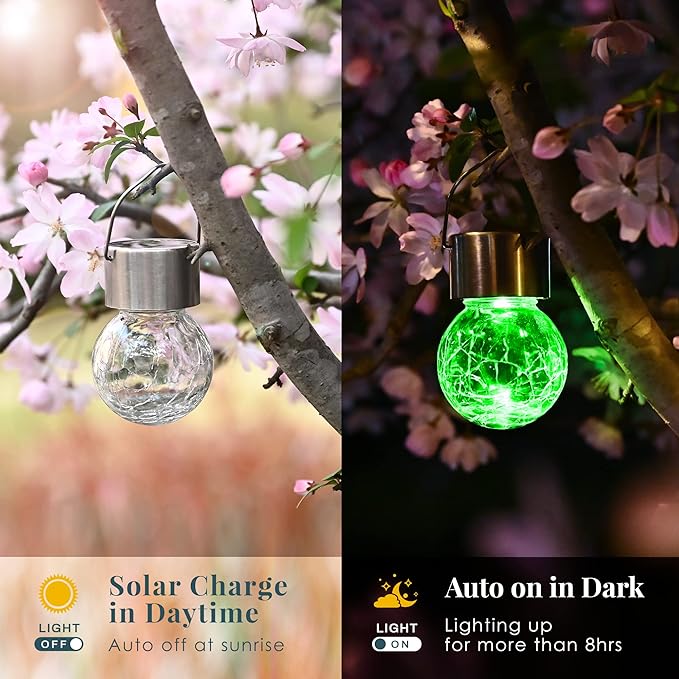 Solpex Hanging Solar Lights Outdoor, 8 Pack Decorative Cracked Glass Ball Light, Solar Powered Waterproof Globe Lighting, Hanging Globe Solar Lights for Garden, Yard, Patio, Lawn, Flower Bed