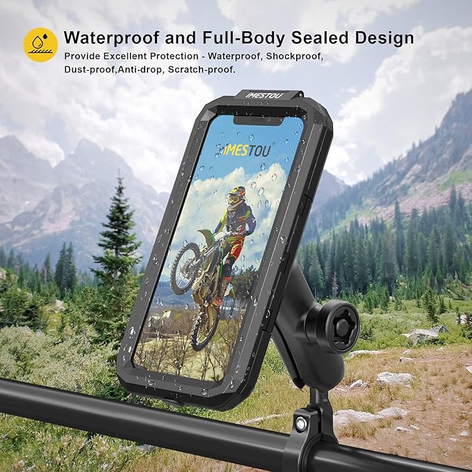 iMESTOU Anti-Theft Waterproof Motorcycle Phone Mount Bike Mobile Holder Double Socket Arms Aluminium Base Fit to Handlebar/Rear-View Mirror Pole for 3.5"-6.1" Cellphones (S)