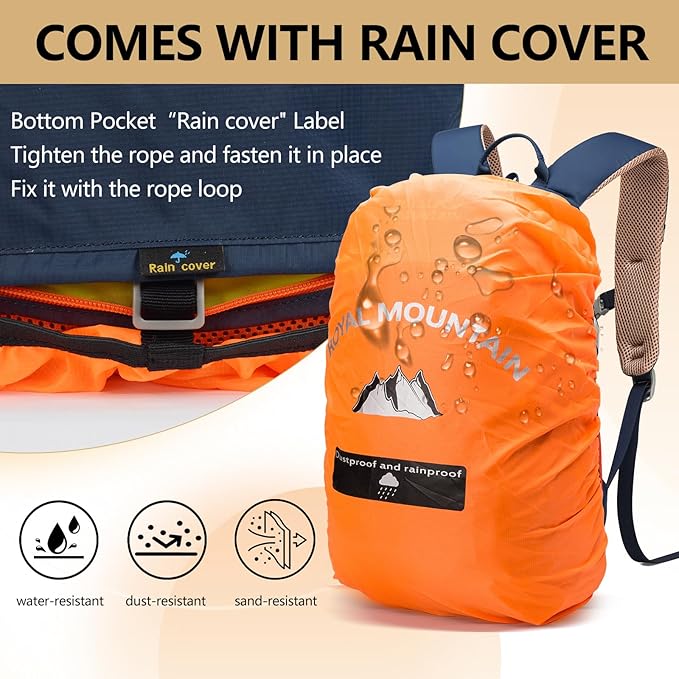 20L Lightweight Hiking Backpack With Rain-cover, Daypack Waterproof Travel Camping Backpacks for Men Women, Outdoor Sports Daypack For Camping, Daily Commuting, Short Trips (Navy Blue)