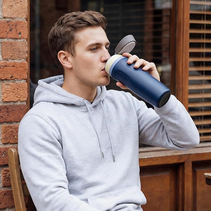 Fijinhom 24 oz Insulated Water Bottle,Stainless Steel Sports Water Bottle with Straw, Double Wall Vacuum Leak Proof, Cold for 24 Hours, BPA Free for Travel, Sport, Outdoor, Dark Blue