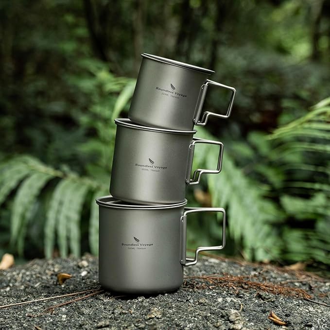 iBasingo Titanium Cup Set with Lid Foldable Handle Single-walled Camping Mug Lightweight Portable for Outdoor Drinking Drinkware US-Ti3060D
