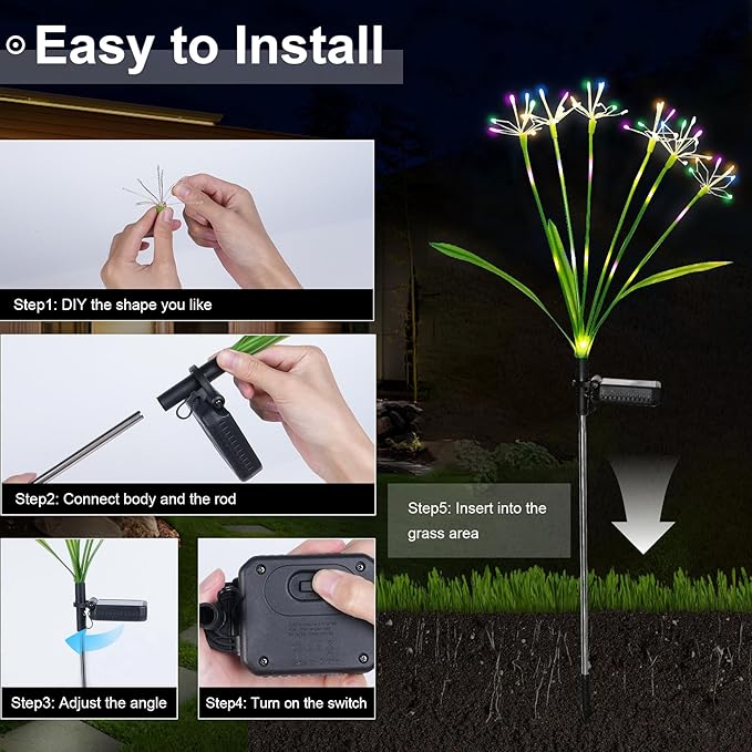 Solar Garden Lights Outdoor: Waterproof 2-Pack DIY Decorative Firework Lights with 2 Modes for Yard Patio Pathway Outside Fairy Decor - Christmas Gifts for Women Mom Mothers Day Multicolor