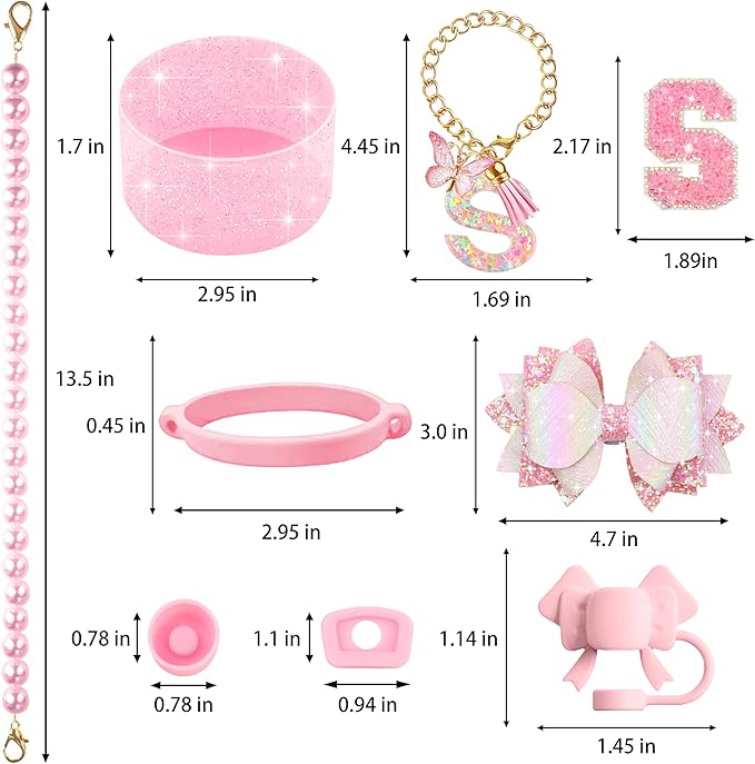 9PCS Pink for Stanley Cup Accessories Set 30/40 Oz Bling Initials Bow Charms for Stanley Decorations Tumbler Accessories Including Bow Straw Topper, Pearl Handle Strap,Spill Stopper（Letter S）