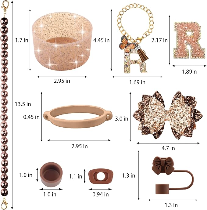 9PCS Brown for Stanley Cup Accessories Set Bling Initials Bow Charms for Stanley Decorations 30/40 Oz Tumbler Accessories Including Bow Straw Topper, Handle Strap, Spill Stopper（Letter R）