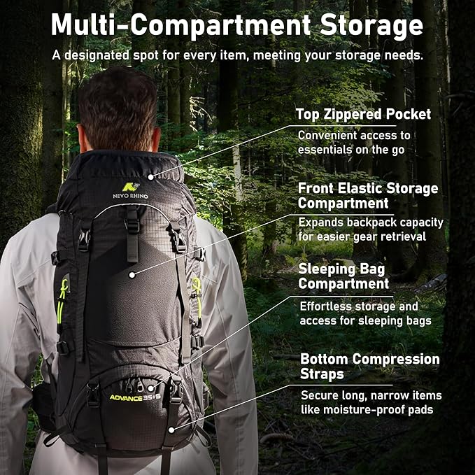 N NEVO RHINO 40L Internal Frame Hiking Backpack for Men Women with Rain Cover, Lightweight Outdoor Backpacking Backpack for Camping, Hiking, Traveling