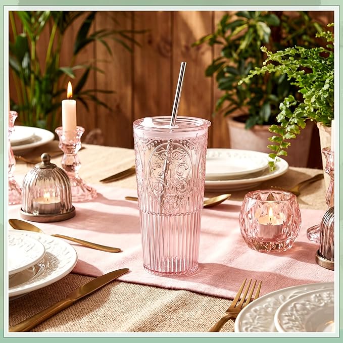 4 Set 20oz Vintage Plastic Tumbler with Lids and Straws Ribbed Floral Drinking Glasses Reusable Iced Coffee Cups for Water Juice Smoothie Cocktail Travel Party Events Gift (Pink)
