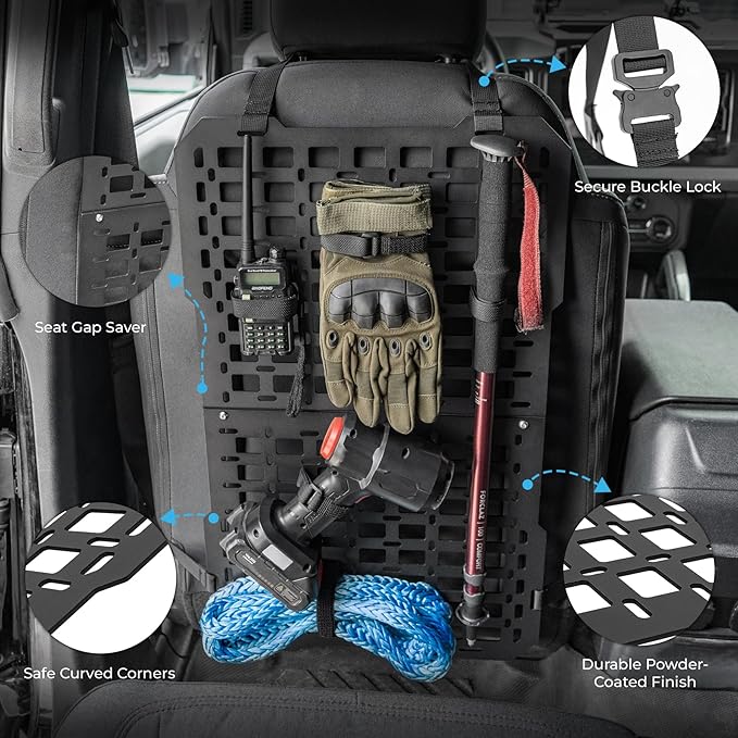 Tactical Rigid MOLLE Panel - Seat Back Organizer for Trucks, SUVs & Cars, Heavy-Duty Aluminum Alloy Metal MOLLE Mount Universal Tactical Seat Organizer for Overlanding Gear Storage