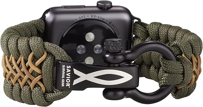 Savior Survival Gear Paracord Watch Band,Compatible with Apple Watch Band 49mm 46mm 45mm 44mm 42mm, iWatch Band Series Ultra 10 9 8 7 6 5 4 3 2 1 SE,Adjustable strap for men (Green-Brown-Black, Large)
