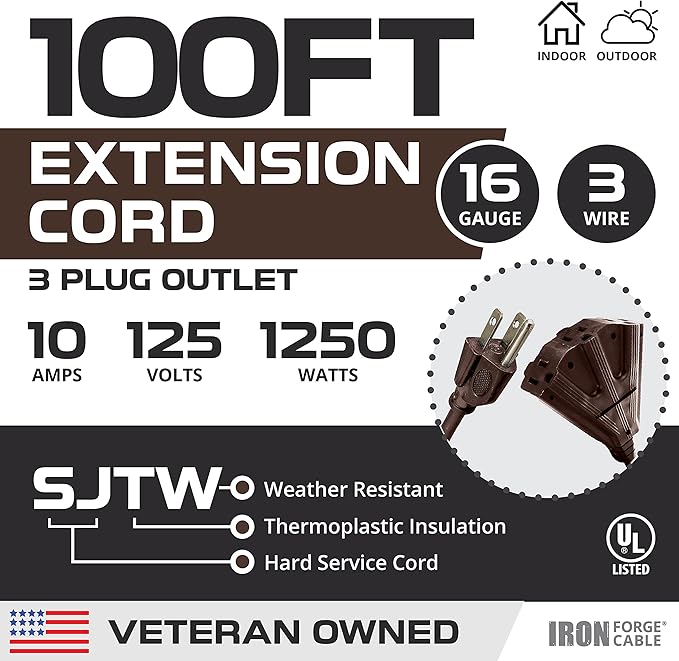 Iron Forge Cable 100ft Brown Outdoor Extension Cord with 3 Outlets - 16/3 SJTW 100ft Extension Cord 3 Prong, 13 Amp All-Weather Heavy Duty Power Cable