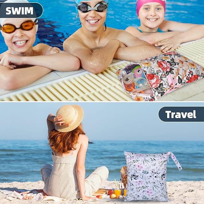 2 Pcs Wet Dry Bags for Baby Cloth Diapers,Washable Travel Bags,Beach,Pool,Gym Bag for Swimsuits or Wet Clothes with 2 Pockets-Floral