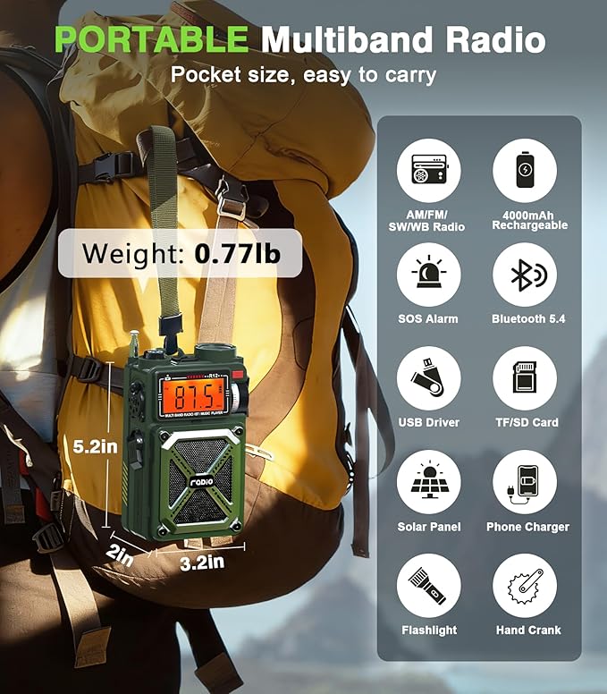 Greadio Portable Shortwave Radios with NOAA Weather Radio, 14800mWh Digital Radio AM FM with Bluetooth 5.4, Crank/Solar/USB Charging, Support USB/TF, Charger Pack/SOS/Flashlight for Outdoor, Emergency