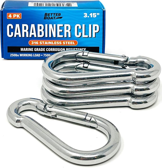 Stainless Steel Carabiner Clip, 4 Pack, 316 Marine Grade, Heavy Duty Spring Snap Hooks, Mini and Large Sizes, 2" to 4" Options