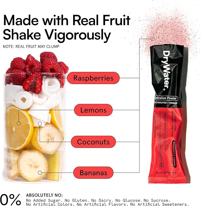 DryWater Electrolyte Powder Packets, Raspberry Lemon - Stevia-Free Hydration Packets Drink Mix with Zero Added Sugar for Rehydration & Energy - 6 Key Electrolytes, 5 Vitamins & 5 Real Fruits - 12 Pack