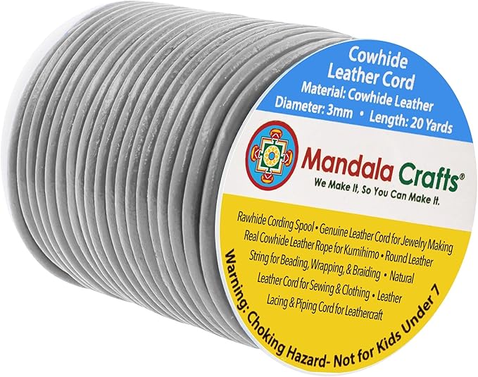 Mandala Crafts Round Cowhide Genuine Gray Leather Cord for Jewelry Making Kumihimo Leather Rope Spool - Gray String Lace - 20 Yds 3mm Cording