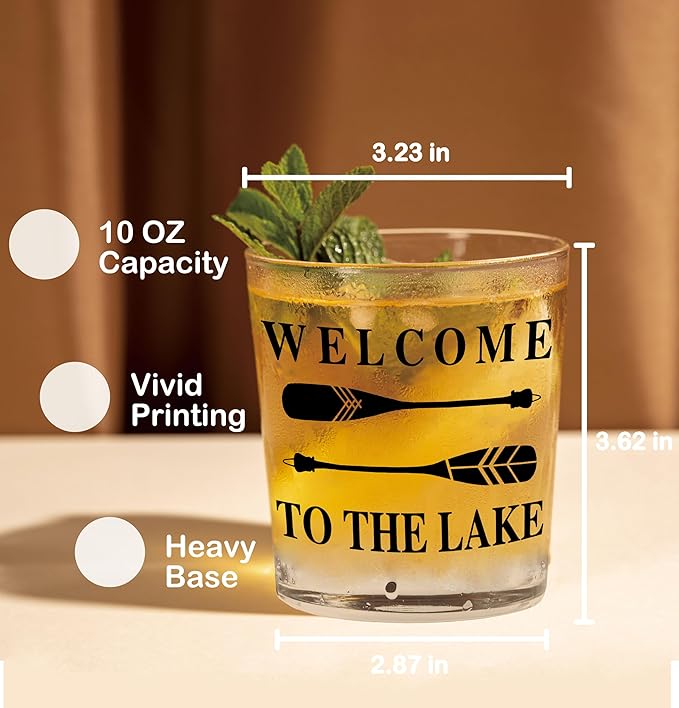 Nogrit Lake House Decor Whiskey Glasses 10 Oz,Welcome To The Lake, Beach Wine Glasses,Old Fashioned Rocks Glasses Lake Tequila Gifts For Women Men