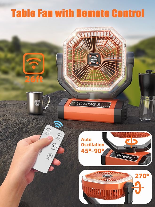 Battery Powered Fan - 9-Inch Rechargeable Fan Portable, 24000mAh(60Hrs) Camping Fans for Tent, Auto Oscillation Cordless, Tent Fans for Camping with Remote/light, 4 Speeds, 4 Timing, Outdoor
