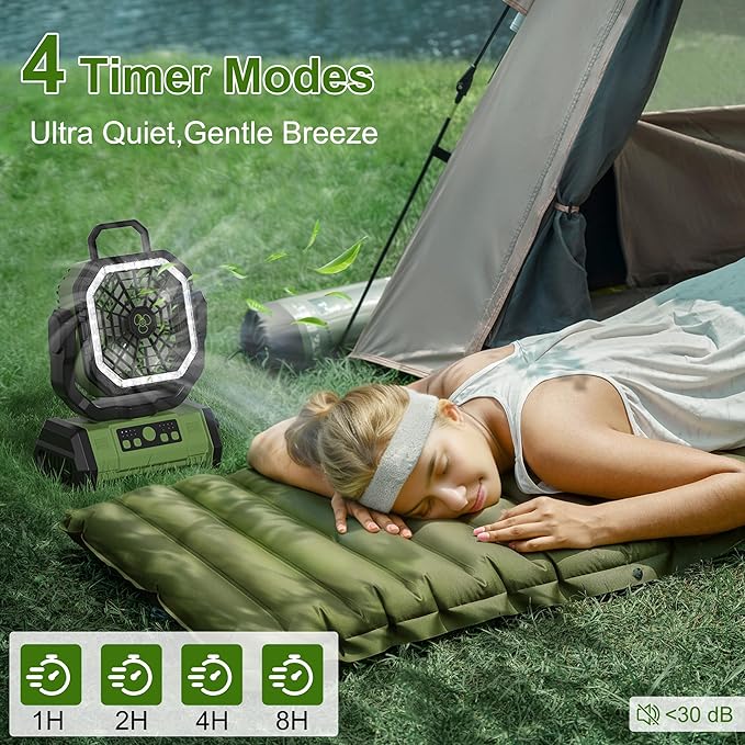 Honesorn Portable Rechargeable Fan 20000mAh, Camping Fan with LED Light & Remote, USB C Cordless Battery Powered, 4 Speeds Timer Hanging Hook for Travel Tent Outdoor Essentials - Green