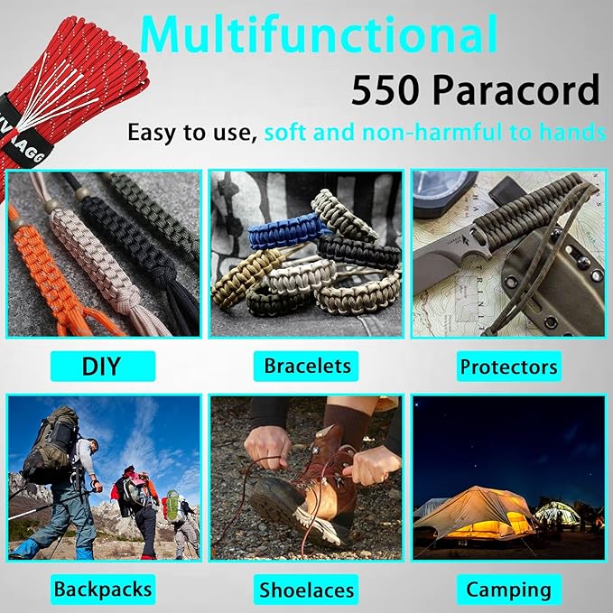 VVAAGG Reflective Paracord Rope 100FT, 7 Strand Nylon para Cord Lanyard Utility 550 Parachute Cord, 4mm Thin Tent Rope for Outdoor Camping Hiking