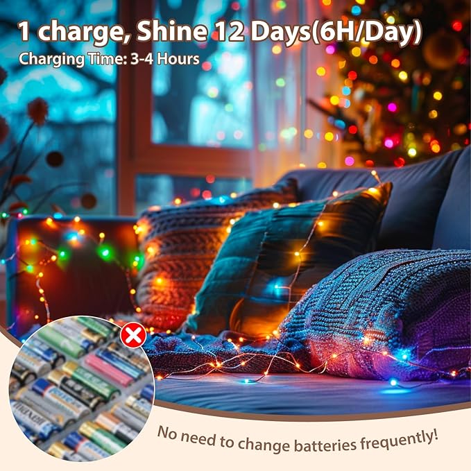 HXWEIYE Rechargeable Fairy Lights with Remote & DIY Timer, 33ft 100LED Battery Operated Twinkle String Lights, 8 Modes Decor Light for Bedroom Indoor Wedding Dorm Christmas Tree Party (Multicolor)
