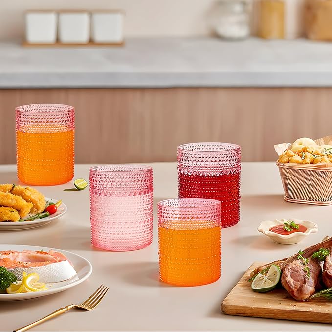 YOUBET 24PCS Plastic Drinking Glasses - 14OZ Pink Hobnail Drinkware Glasses - Vintage Glassware Textured Beaded Cups for Water, Beer, Whiskey, Juice and Various Mixed Drinks Mothers Day