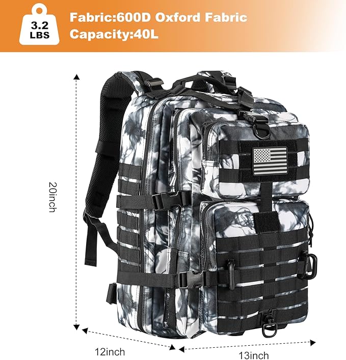 Hannibal Tactical MOLLE Assault Backpack, Tactical Backpack Military Army Camping Rucksack, 3-Day Pack Trip w/USA Flag Patch, D-Rings, Black White camo
