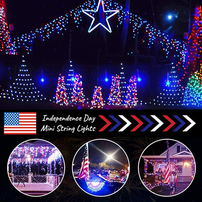 4th of July Decoration Patriotic Mini Lights - 200 Count 40 Feet Red White Blue Incandescent Bulb Waterproof String Lights Plug in for Indoor Outdoor Christmas Party Patio Independence Day Decoration