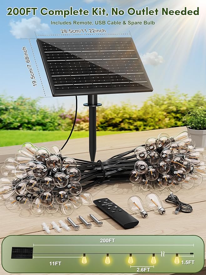 200FT Solar String Lights Outdoor Waterproof, 72+2 LED Solar Powered Lights with Remote Control, 3 Light Modes & Dimmable, USB-C Charging for Patio, Backyard, Garden, Camping