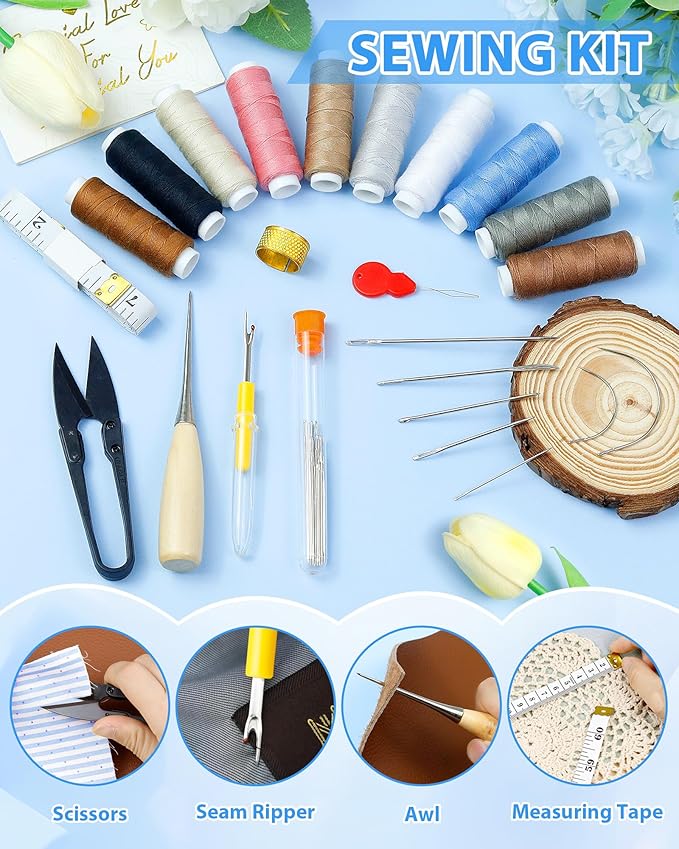 PLANTIONAL Upholstery Repair Sewing Kit, Heavy Duty Sewing Kit with Sewing Awl, Seam Ripper, Leather Hand Sewing/Stitching Needles, Sewing Thread for Car/Sofa/Backpack/Shoe, Craft DIY, 10 Color, 47Pc