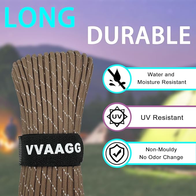 VVAAGG Reflective Paracord Rope 100FT, 7 Strand Nylon para Cord Lanyard Utility 550 Parachute Cord, 4mm Thin Tent Rope for Outdoor Camping Hiking