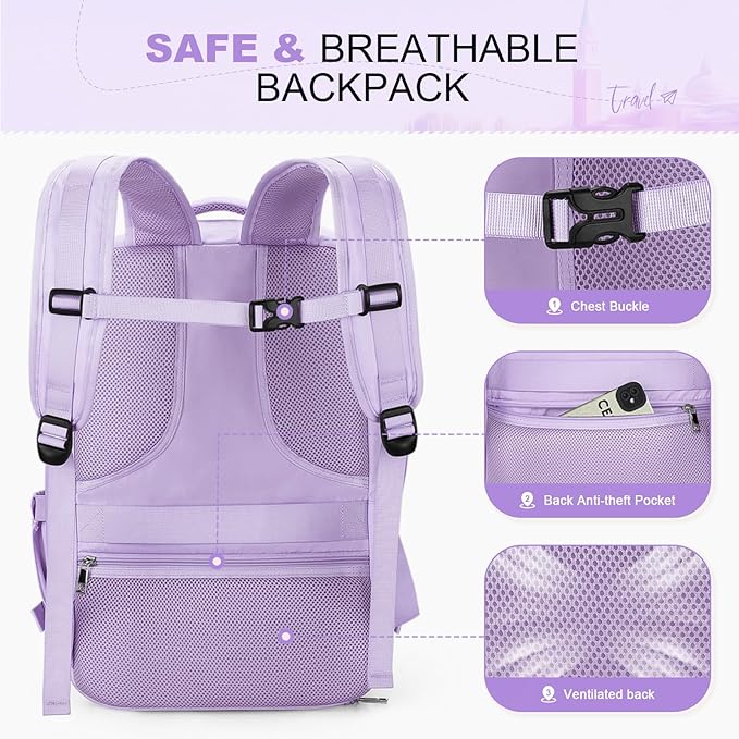 Maelstrom Travel Backpack for Women Men,25L Laptop Backpack Fits 15.6-Inch Laptop,Waterproof Carry On Backpack for Airplanes with Detachable Crossbody Bag & Shoe Compartment (Purple, Medium)
