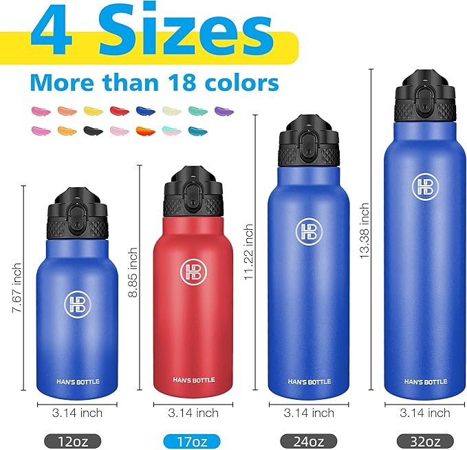 Han's Bottle Kids Water Bottle with Straw Lid - Insulated Stainless Steel Reusable Tumbler for Girls,Boys,Thermo Mug,17oz,Red