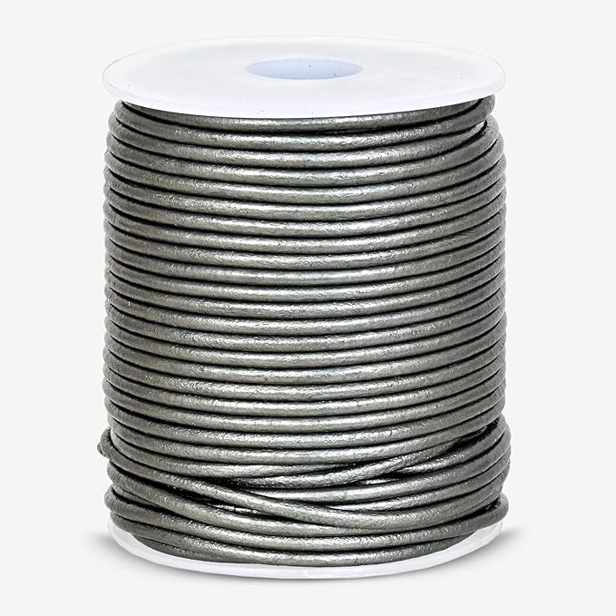 GENIQUE Real/Genuine Round Leather String Cord for Necklace, Bracelets, Jewelry, Kumihimo Braiding, DIY Projects (20 Metres) (2mm, Grey Metallic)
