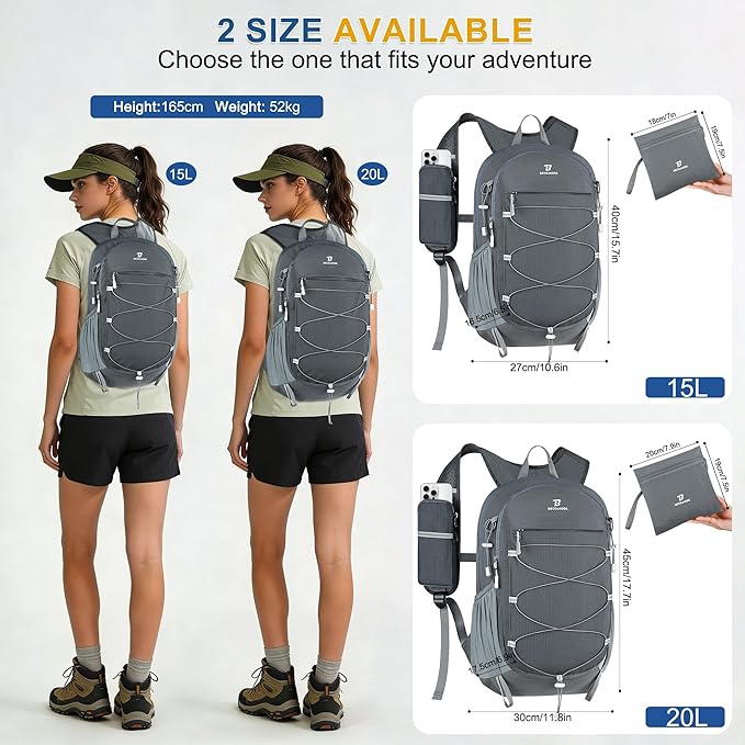 BECOJADDE Hiking Backpack 20L Small Backpack Packable Day pack Water Resistant Lightweight Travel Backpack for Women Men with Shoulder Strap Pockets for Hiking Camping Outdoor, Grey