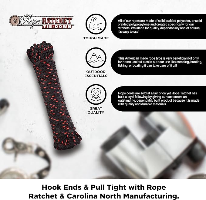 Rope Ratchet 1/4" 50 ft Braided Polypropylene Utility Cord, Weather Resistant Indoor Outdoor for Gardening, DIY Projects, Securing Loads, Binding, Knot Tying, Tarp Use, 150 lb Capacity - Black/Red